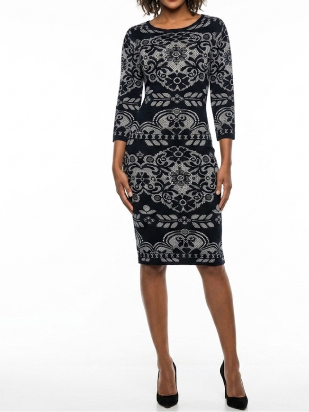 Cremieux Black Cream Damask Floral Knit Sheath Dress Long Sleeve Stretch Size S